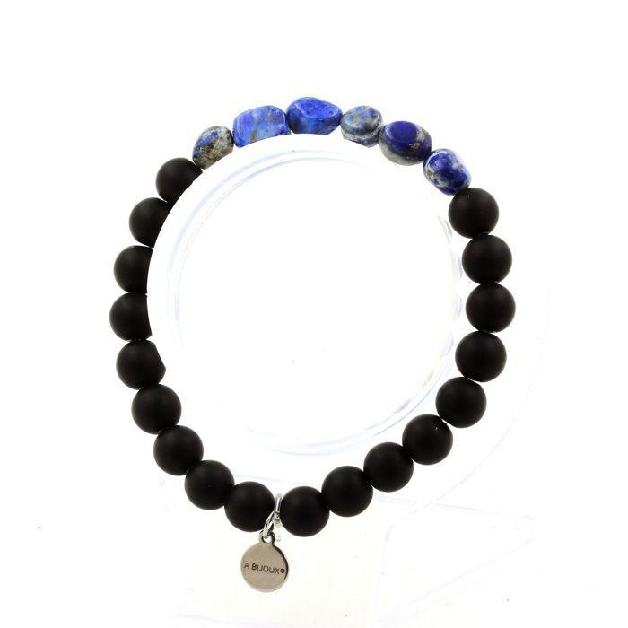 Stones and Minerals. Lapis Lazuli Bracelet from Pakistan + Matte Black Onyx Beads 8 Mm. Made In France.