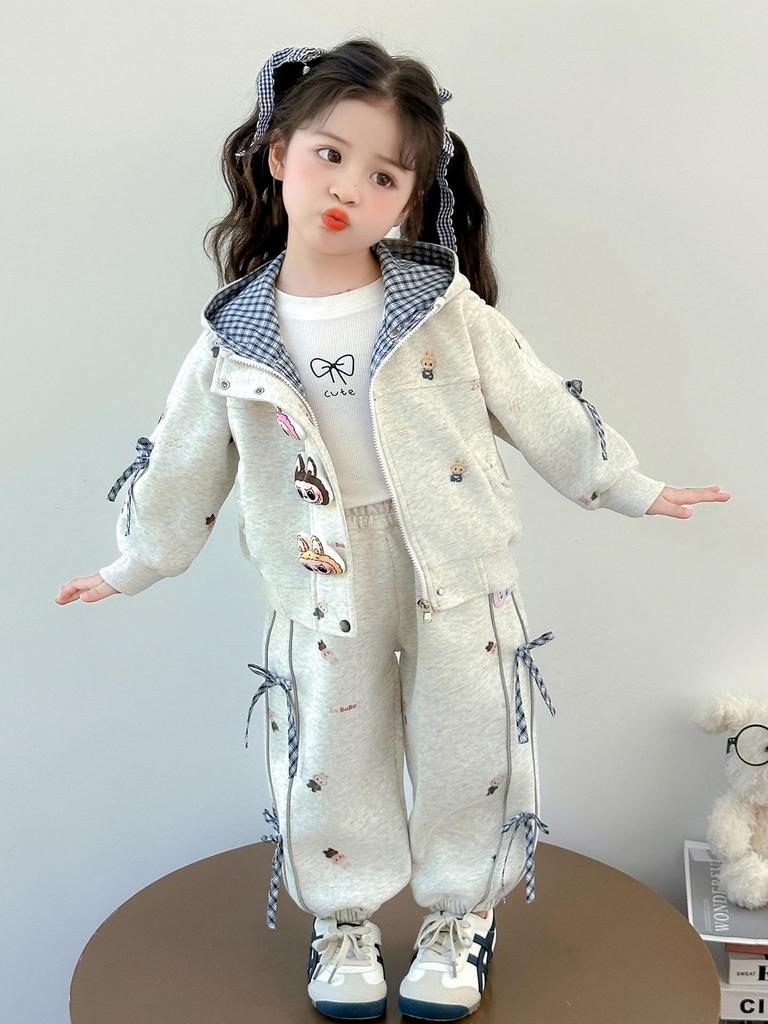 Комплект мультяшной куртки для девочек в корейском стиле: Трендовая спортивная одежда с длинным рукавом и бантом для весны и осени