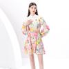 Spring Summer Women Lantern Sleeve Single Breasted Print Chic Mini Short Dresses With Belt