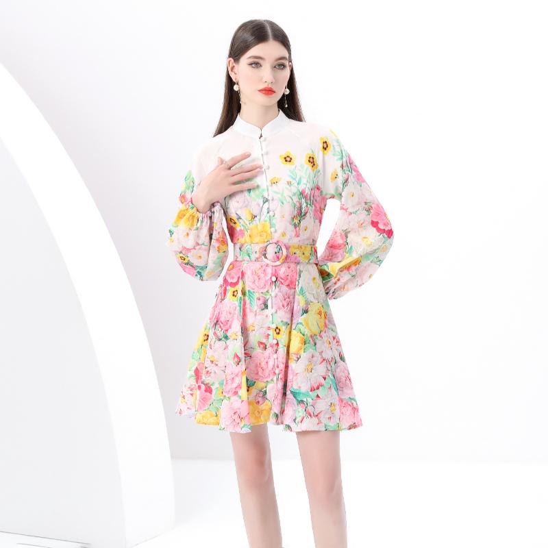 Spring Summer Women Lantern Sleeve Single Breasted Print Chic Mini Short Dresses With Belt