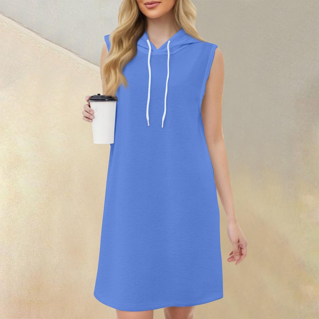 Women's Casual Fashion Round Neck Sleeveless Solid Color Hooded Drawstring Dress
