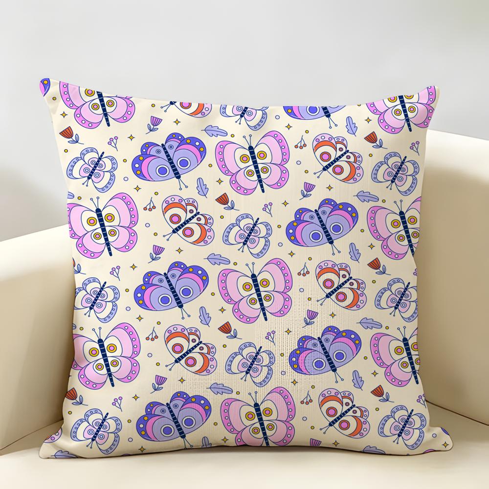 Cute Butterfly Girl Wildflower Cushion Cover Natural Linen Organic Fabric DoubleSided Printing Room Sofa Decor Pillow Case