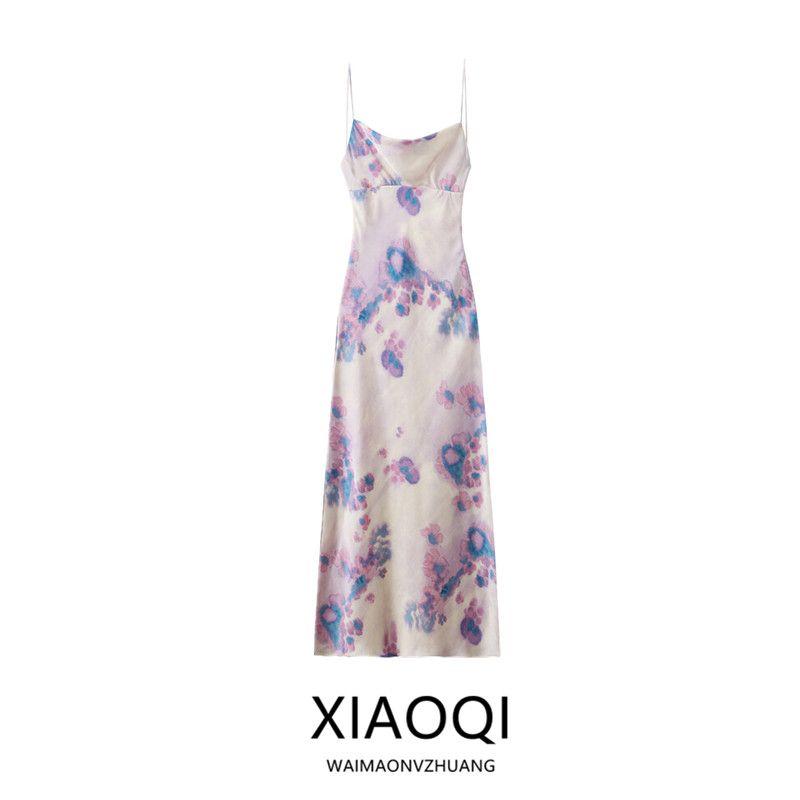 Western Style 2024 Autumn New Women Clothes Sexy Temperament Flower Print Sling Thin Drawstring Dress 8475471