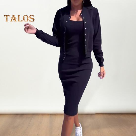 2 шт./комплект женский пальто платье комплект однобортный круглый вырез длинный рукав жакет облегающее платье-комбинация осеннее платье миди жакет комплект OL коммутационный офис