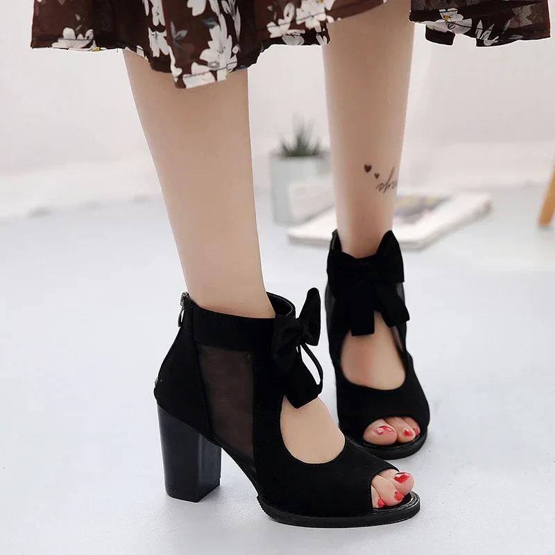 2024 New Women's High Heels Summer Elegant Bow Mesh Sandals Back Zipper Fish Mouth Party Sandals Fashion Women's Shoes