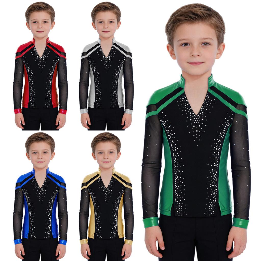 Boys Skating Performance Top: V-Neck Long Sleeve Rhinestone Color Block with Split Hem for Competition Costume