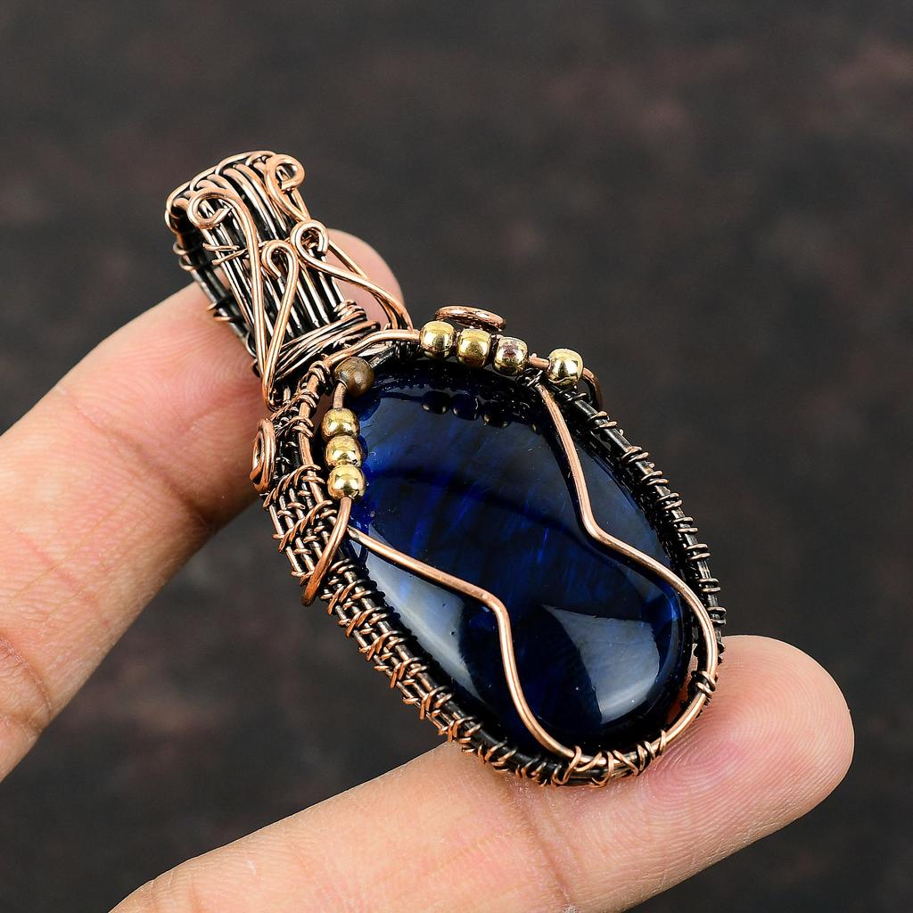 Голубой огненный лабрадоритовый кулон, медная проволочная обертка, подвеска ручной работы из драгоценного камня, медные украшения для подарка, достойный кулон, проволочная обертка, ювелирные изделия