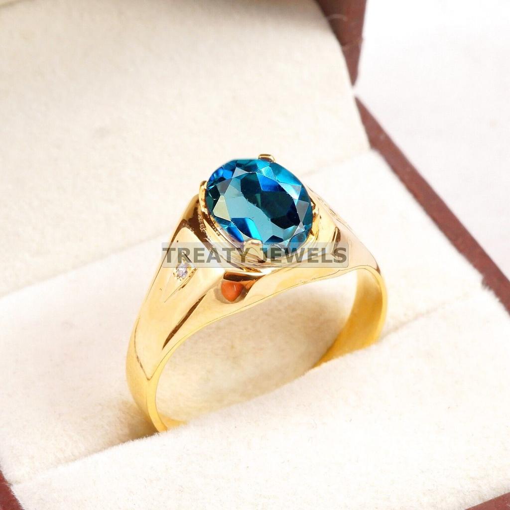 London Blue Topaz Oval With 925 Silver Sterling Gold Plated Ring For Men's #B231 JL375675983952
