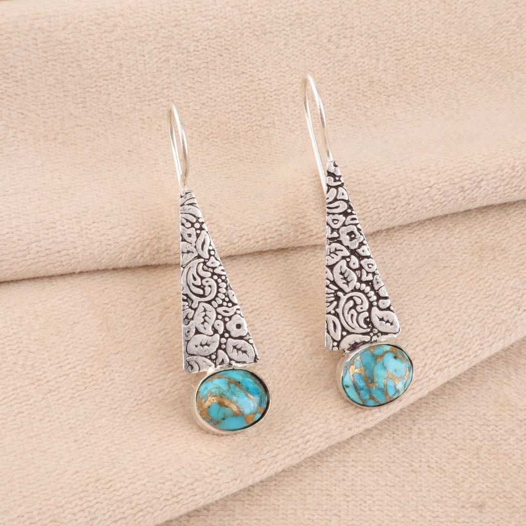 Natural Blue Copper Turquoise Gemstone 925 Sterling Silver Jewelry Earrings 1.9" EE-165-43