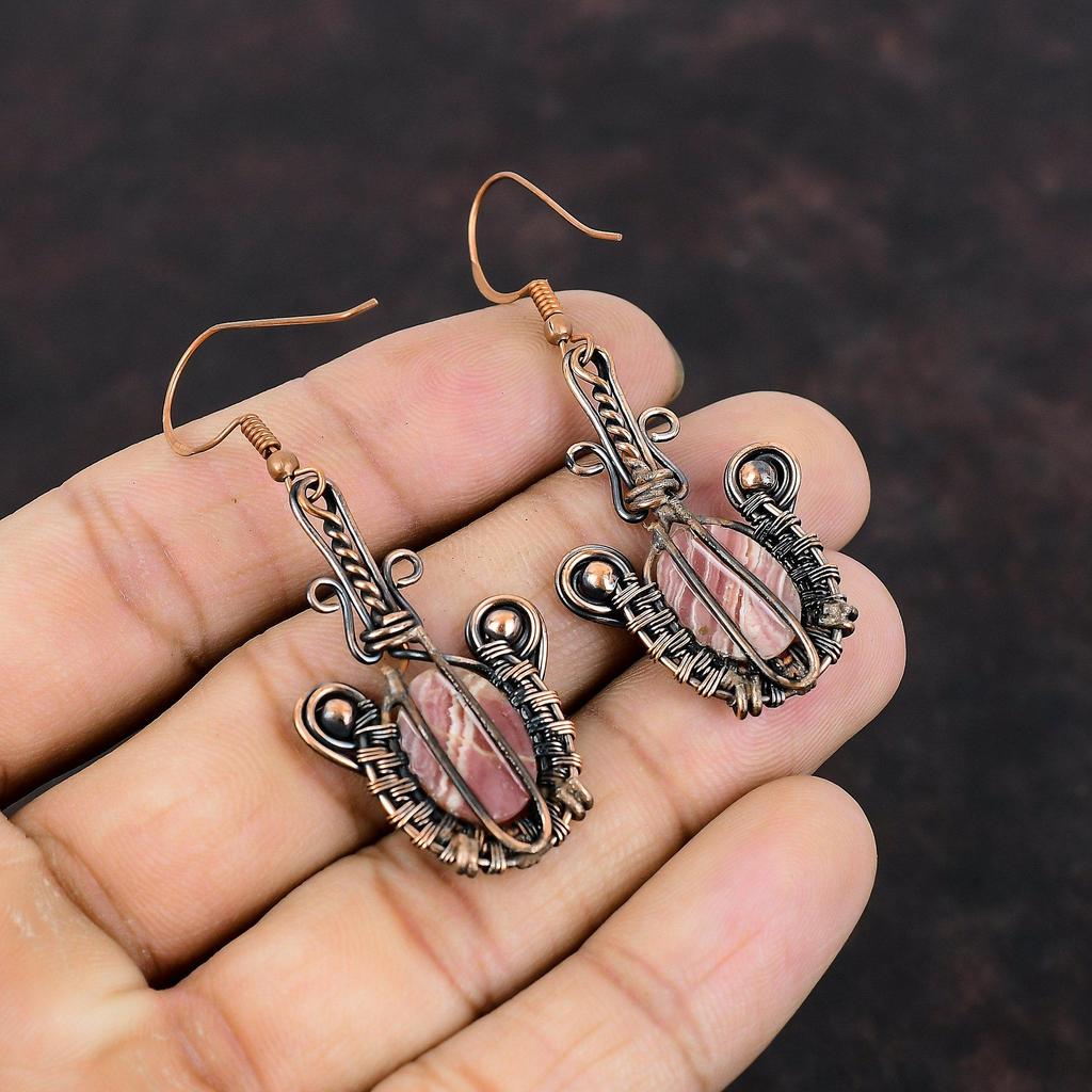 Серьги из родохрозита, медные серьги с проволочной обмоткой, драгоценные камни, медные украшения, серьги ручной работы, уникальные стильные серьги для подарка, ювелирные изделия с проволочной обмоткой