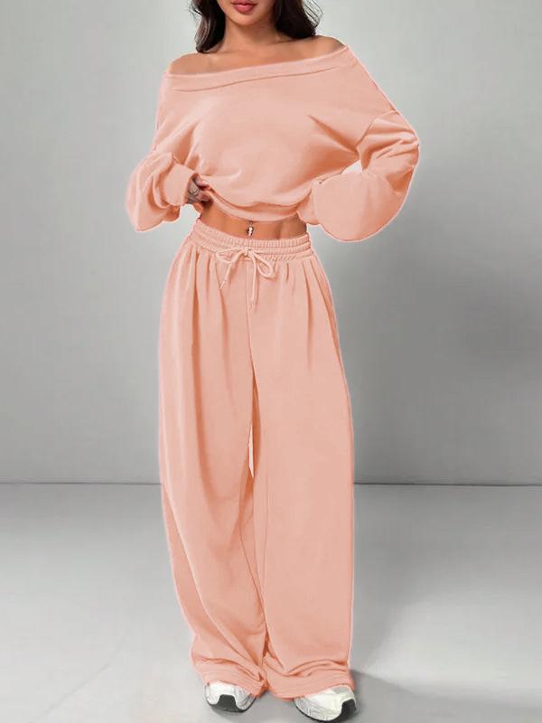 2025 Женский повседневный свитшот на одно плечо и вязаный комплект - Однотонный, Свободный крой, Варианты с коротким и длинным рукавом