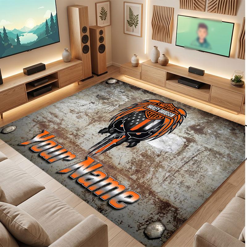 Harley-Davidson Personalized Crystal Velvet Carpet, Customized Name Text Soft Anti‑Slip Rug for Living Room Bedroom