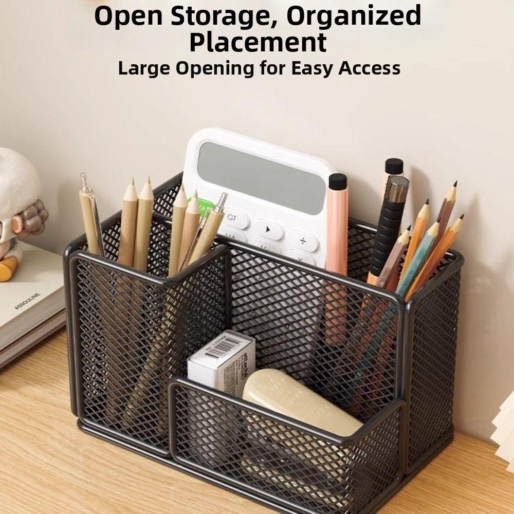Carbon Steel Mesh Desk Organizer 3 Compartments Stationery Storage Rack Home Office