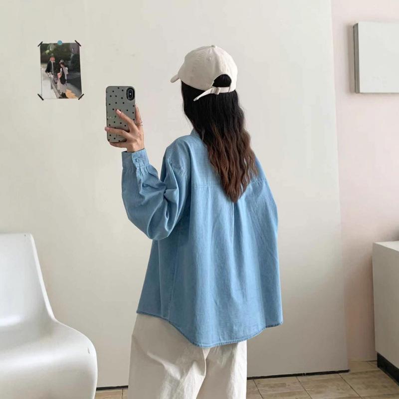 Женская ретро джинсовая рубашка с вышивкой в стиле мультфильмов - Хлопок, с длинным рукавом, повседневный топ на весну/осень 2025