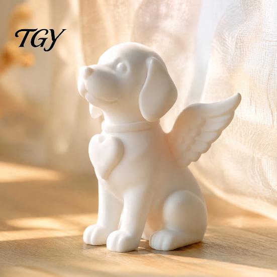 Modern Home Decor Accents Angel Wing Dog Memorial Statue, 3D Printed White Pet Figurine, Cute Statue Minimalist Puppy Sculpture, Desktop for