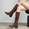 Women's Cowhide Retro Thick-Soled Over-the-Knee Western Boots with Two-Way Belt Buckle and Stacked Heels