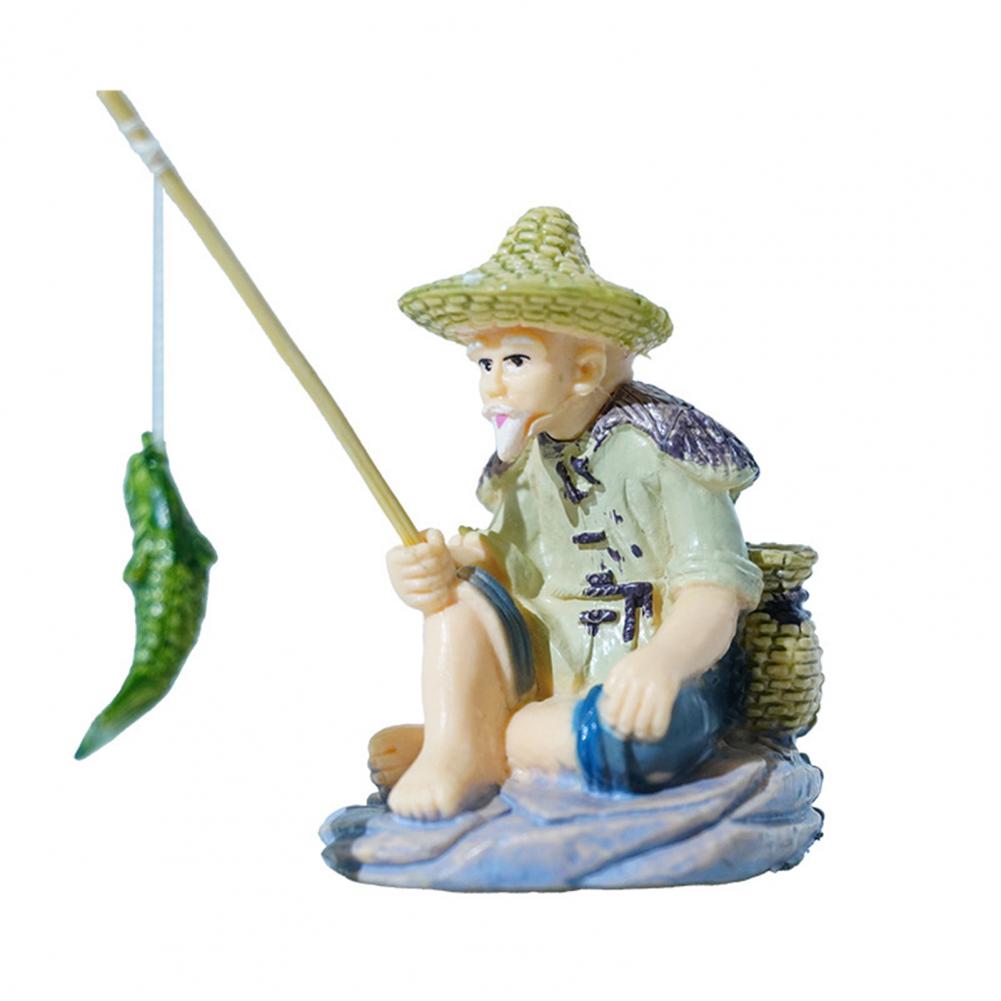 Exquisite Figurine Decor Fishing Figurine Aquarium Decoration Vintage Sandstone Fisherman Statue for Fish Tank Garden for Home