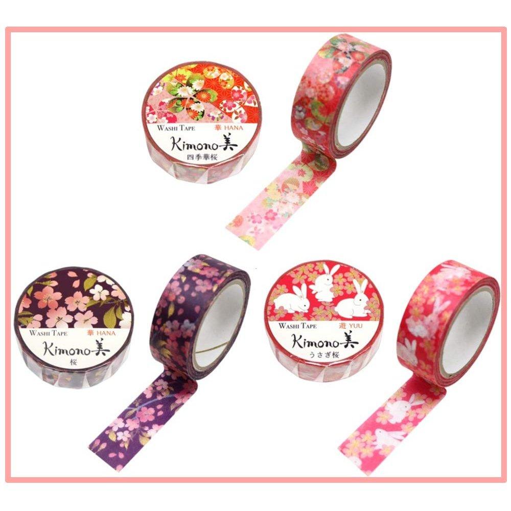 Kamiiso Washi Masking Tape Kimono-bi 3-Roll Set (Cherry Blossom, Shiki Hanzakura, Usagi Sakura) 15mm x 7m Japanese Craft Tape GR-0507
