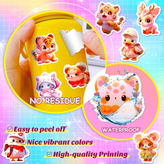 50Pcs Cute Animal Stickers Self-Adhesive Removable Waterproof Easy-Peel Laptop Scrapbook Notebook Skateboard Decals