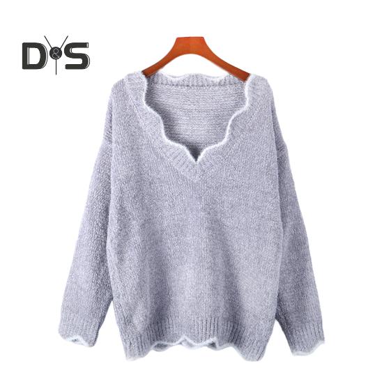 Женский свитер с длинным рукавом, свободный крой, V-образный вырез, вязаный свитер, женский повседневный джемпер, пуловер, топ для осени и зимы