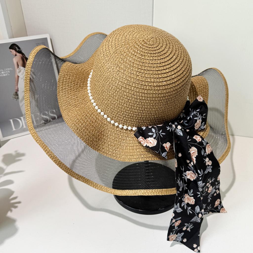 Summer New Straw Hat Floral Streamer Pearl Decoration Sun Hat Seaside Outing Big Eaves Sun Protection Hat