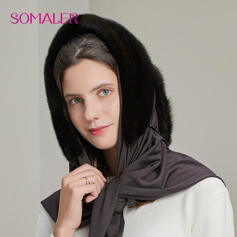 SOMALER 100% Genuine Mink Fur Hats for Women Winter Scarf Hat Fashion Elegant Warm Lady Caps New Fur Beanies