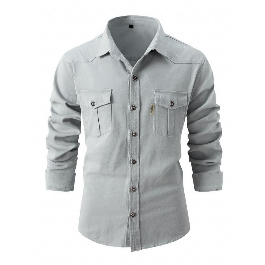 Spring Autumn Pockets Button Up Shirt Men's Washed Elastic Pure Cotton Men Long Sleeve Shirts
