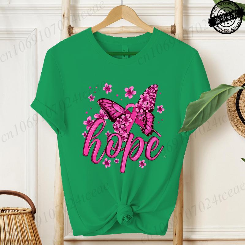 Hope Pink Ribbon Butterfly Breast Cancer Awareness Warrior Print Women's T-Shirt,Graphic Tee Tops,Casual Streetwear Fashion Tops