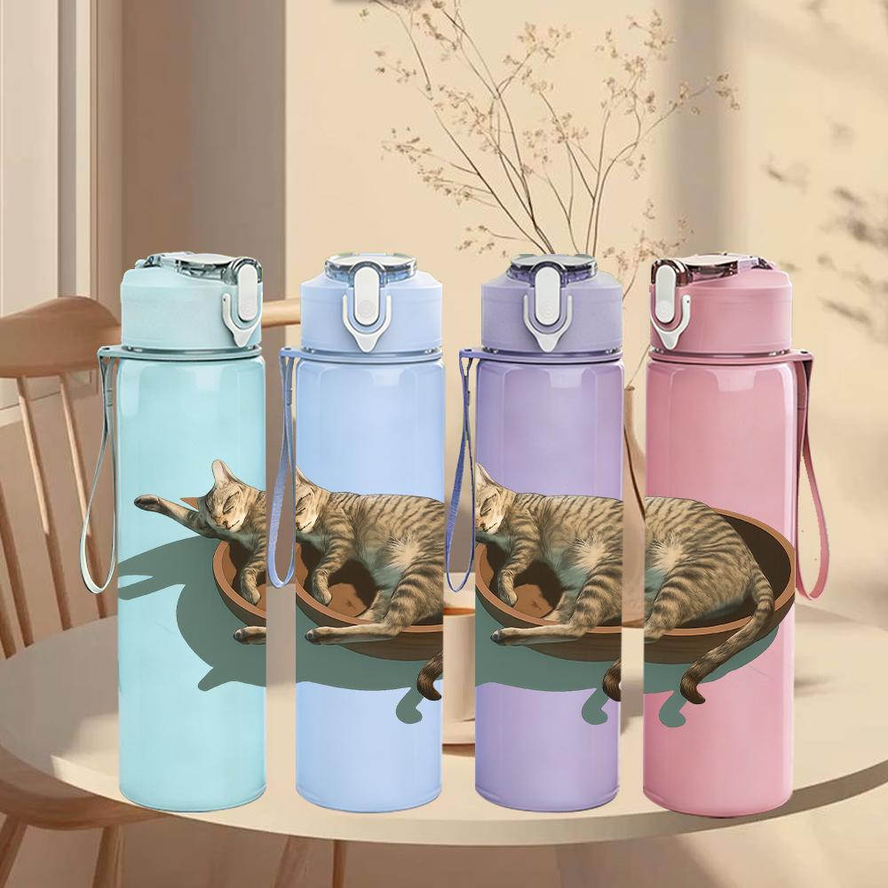 1PC Cat Curled In Wicker Basket 750ml Color Plastic Sports Water Bottle Leakproof Flip Straw Lid Suitable for Sports Office Home Use
