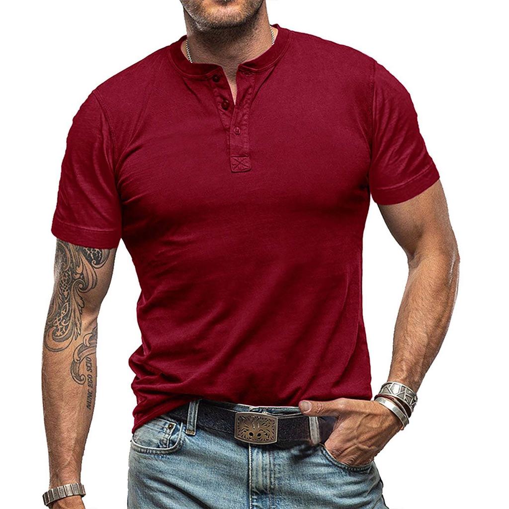 Summer European And American Men's Short Sleeved Men's Collarless T-shirt Solid Color Top