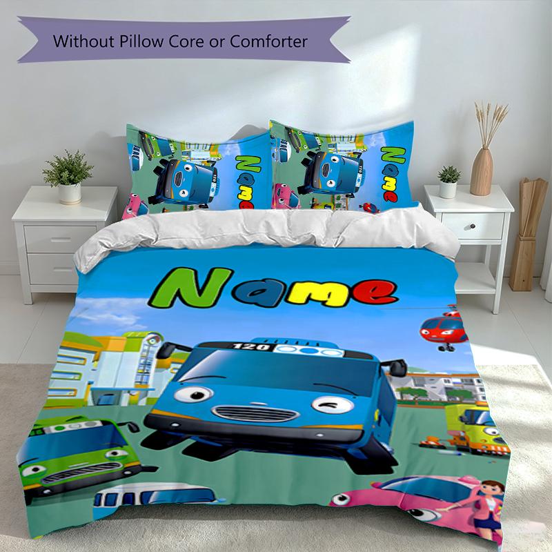3pcs Custom Name Tayo the Little Bus Bedding Set,Includes 1 Duvet Cover and 2 Pillowcases,All-season Bedroom Decor