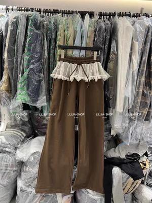 Корея Дундимэн Женские С завышенной талией Утягивающие Кружевная отделка Эффект двух частей Широкие спортивные брюки