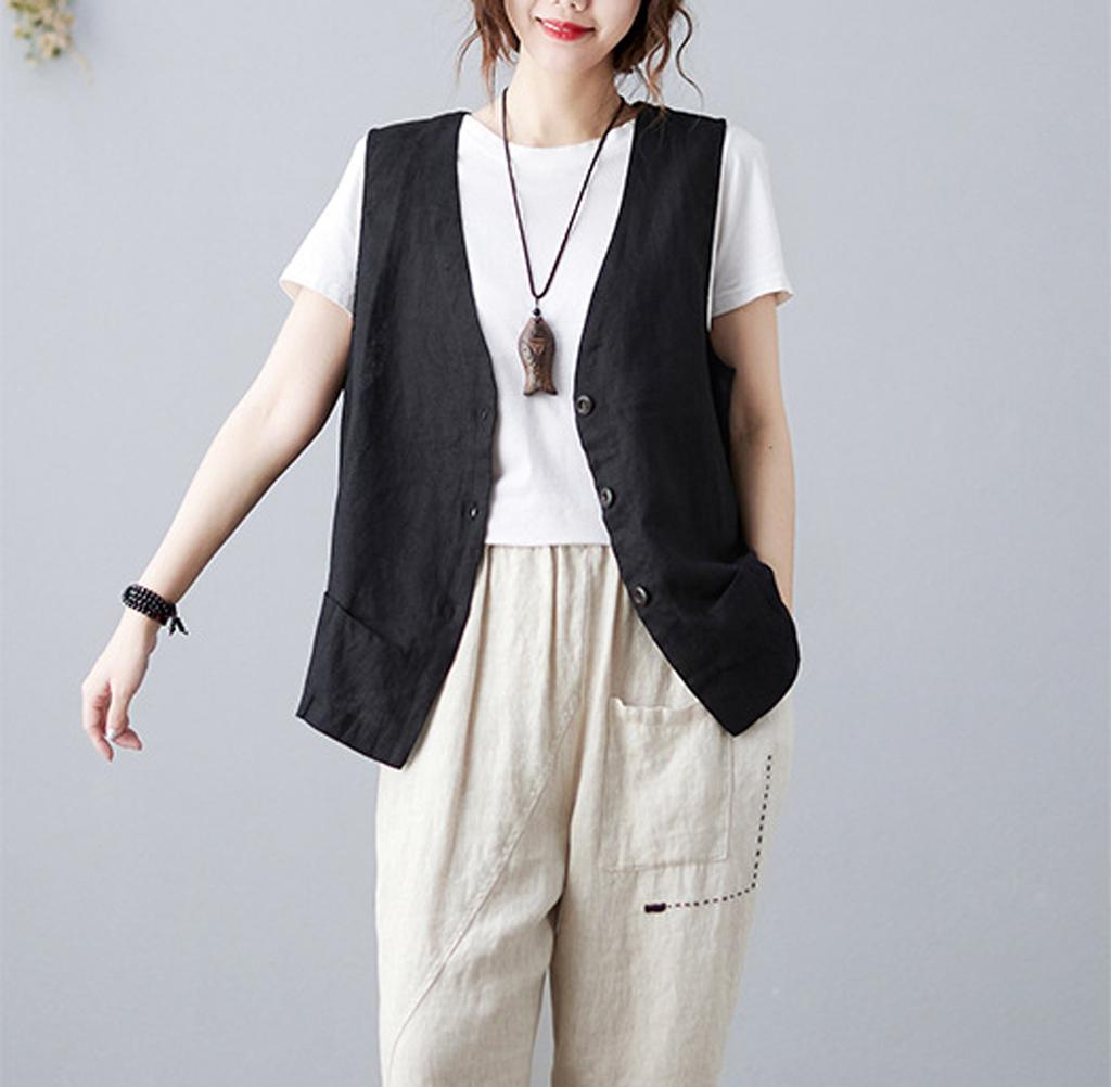 Retro Linen Vest For Women Loose And Versatile Sleeveless Casual Slim Vest Solid Color Waistcoat Cotton And Linen Short Jacket