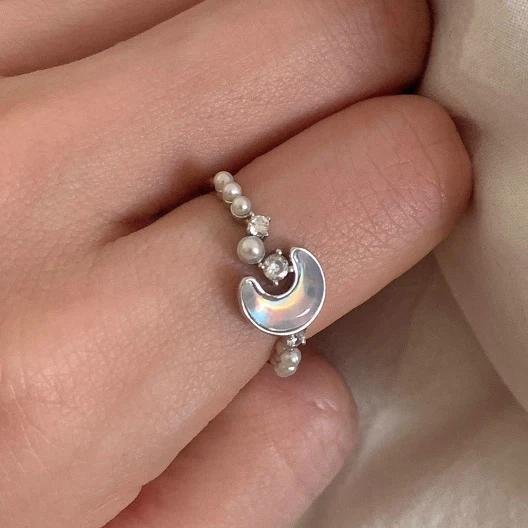 PONYKISS Кольца из стерлингового серебра со звездой, луной, жемчугом и цирконами для женщин Романтичные Изящные Минималистичные Открывающиеся Аксессуары