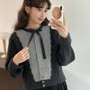Sweet and Gentle Bowtie Sweater Jacket for Autumn and Winter, Small and College Style Short Contrasting Color Design Knitted