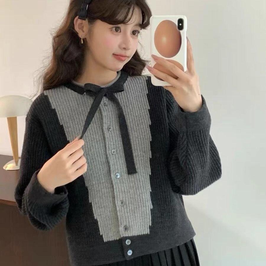Sweet and Gentle Bowtie Sweater Jacket for Autumn and Winter, Small and College Style Short Contrasting Color Design Knitted