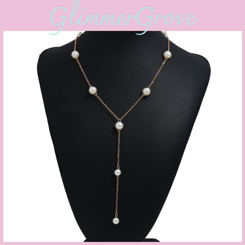Women Pearl Long Necklace With Water Wave Chain For Wedding And Events Formal