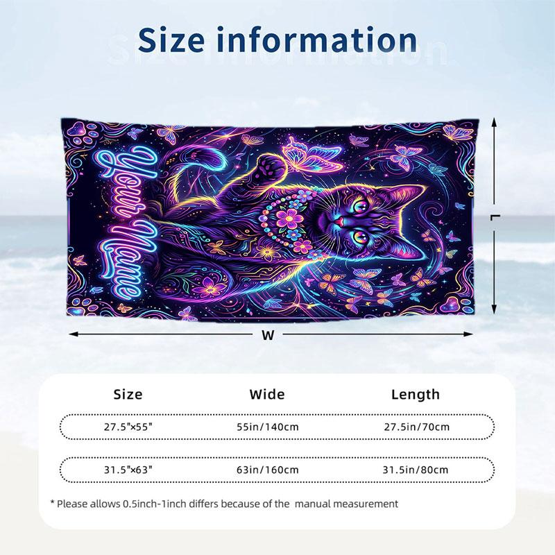 Cat Theme Beach Towel Personalized Custom Name & Text Soft Quick Dry Beach Towel for Swimming Travel