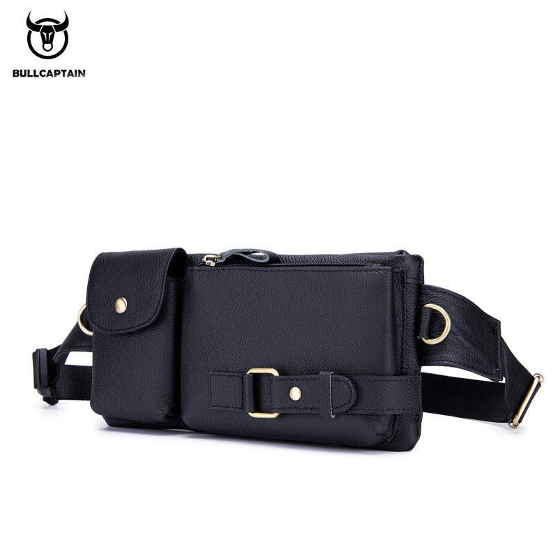 BULLCAPTAIN Real Leather Waist Packs Fanny Pack Belt Bag Phone Pouch Bags Travel Waist Pack Male Small Waist Bag Leather Pouch