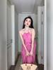 Backless sexy neck sling dress women's pink pleated thin new medium and long skirt holiday style