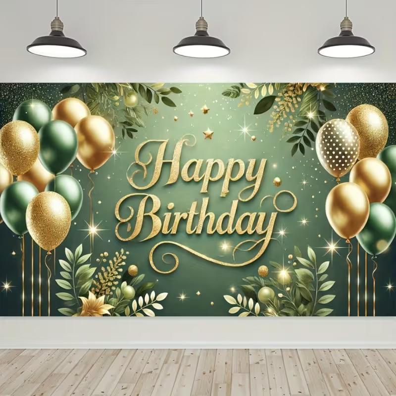 2D Flat Print Sage Green & Gold Happy Birthday Party Background Cloth