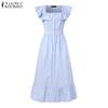 ZANZEA Summer Women Flare Sleeve Buttons Striped Casual Holiday Pleated Dress