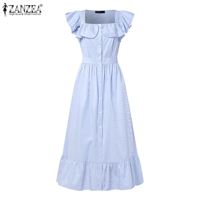 ZANZEA Summer Women Flare Sleeve Buttons Striped Casual Holiday Pleated Dress