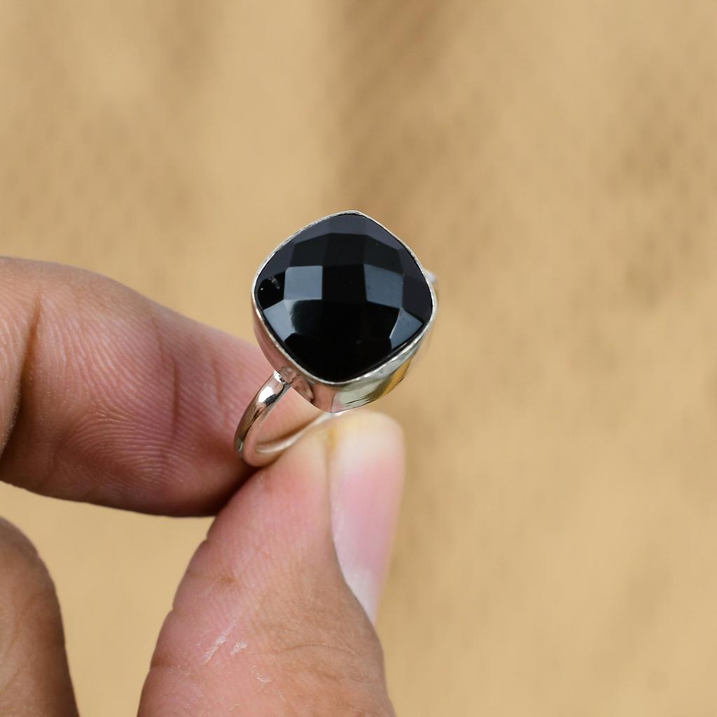 Cushion Black Onyx Stone 925 Sterling Silver Promise Coffin Ring Jewelry Size 8