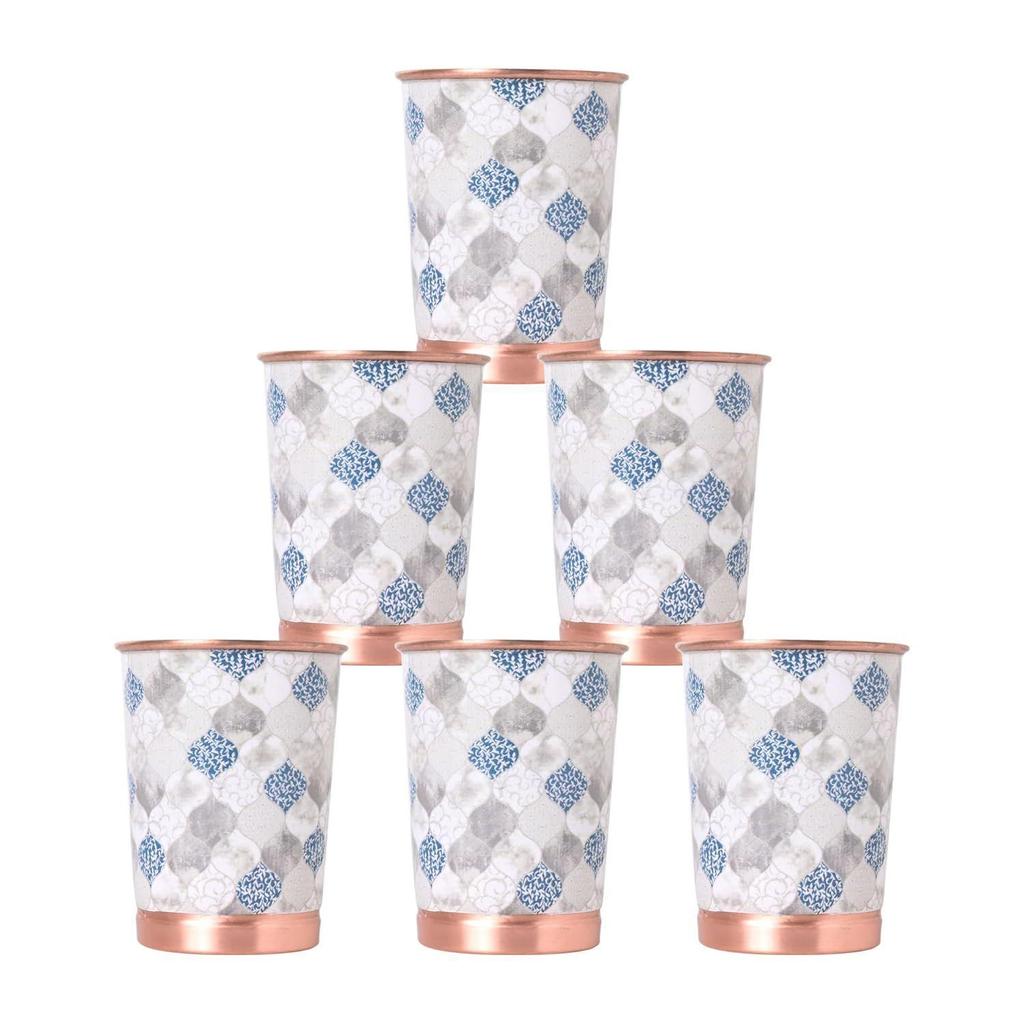 Copper Printed Design 250ML Water Glass with Rust Proof Protection for Home and Office Use Ayurveda and Yoga Health Benefits Glass Set of 6