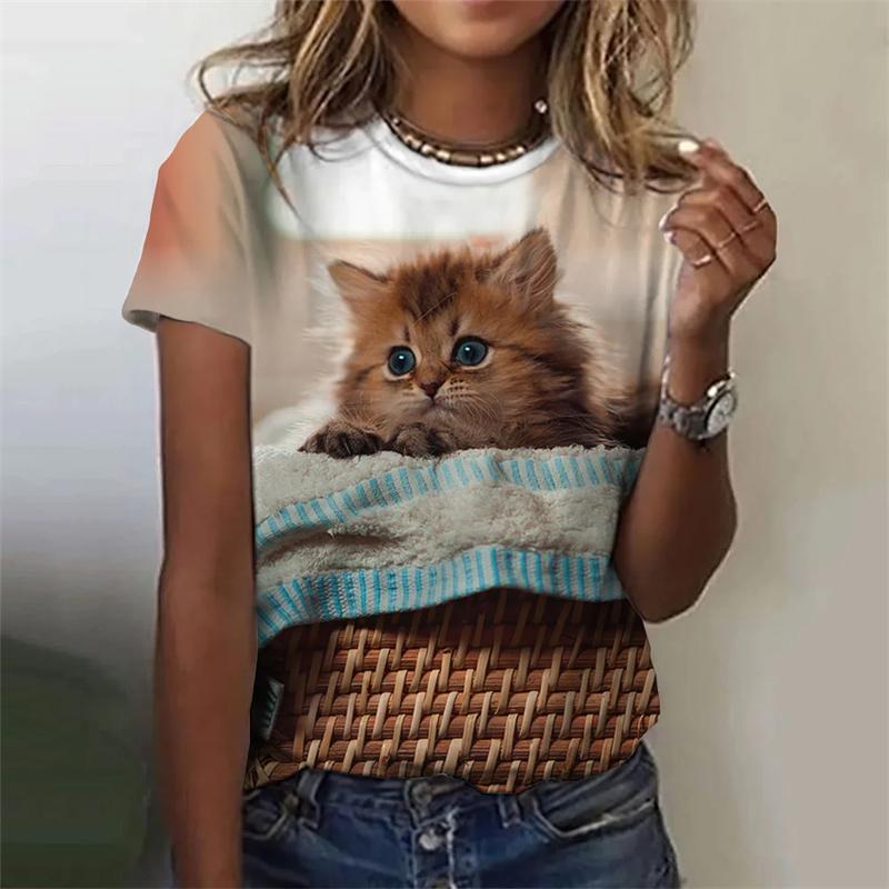 Женские футболки с забавным принтом 3D Kawaii Cat Футболки с модным круглым вырезом и коротким рукавом Топы свободного покроя Женская одежда Y2k Милая одежда