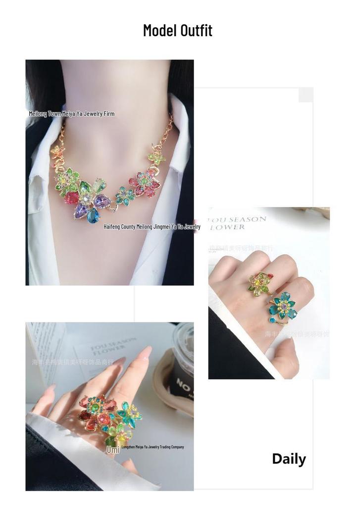 Shi Family Ldyllia Flower Pendant Necklace, Open Ring, and Elegant Colored Earring Set