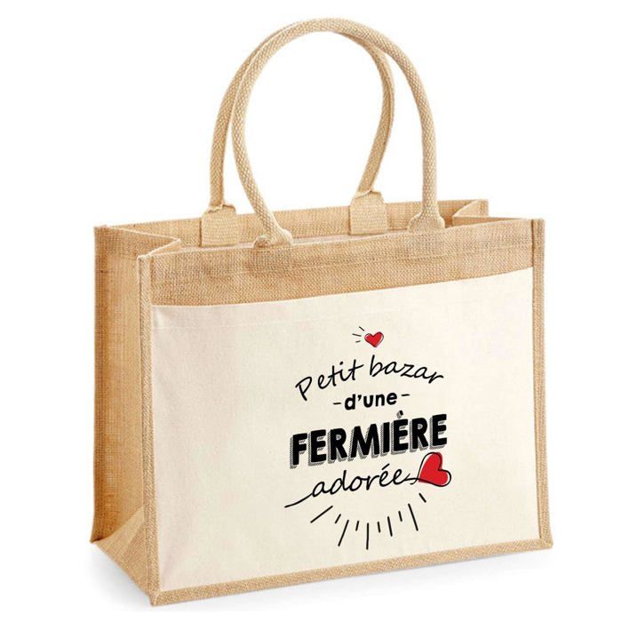 Sac de plage - PLANETEE - Jute avec poche Bazar d'une Fermière adorée - Coton - Beige multicolore - 43x33 cm