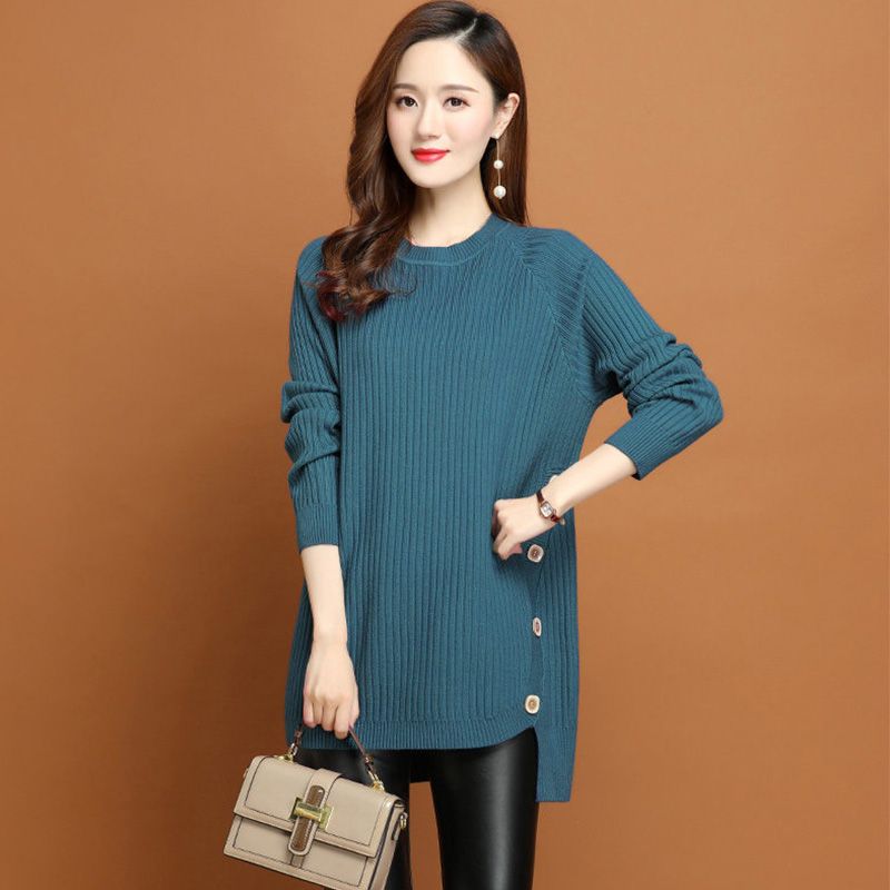 Women's Crew Neck Sweater Autumn Winter Loose Midi Pullover Knitwear Simple Irregular Hem Thick Knit Top Solid Color Stretch Jumper