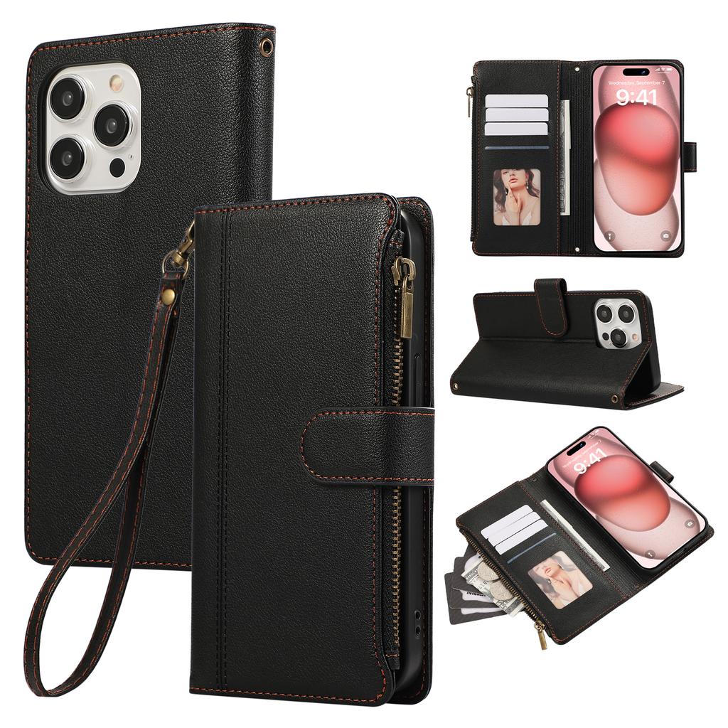 For iPhone 15 Pro Case Multi Card Slots Zipper Leather Phone Cover with Wrist Strap